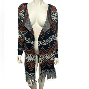 Signature Blue & Orange Cardigan Sweater Fringe Bottom Fall Autumn Tribal Cute